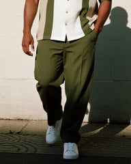 Big & Tall Men's Business Green Colorblock Striped Print Pocket Short Sleeve Shirt Pants Suit