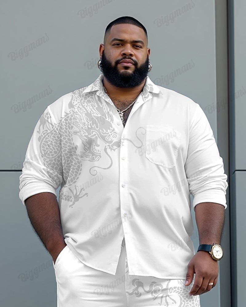 Chest Pocket Dragon Jacquard Long Sleeve Lapel Shirt 2-Piece Set Men's Plus Size