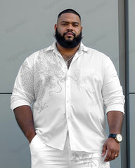Chest Pocket Dragon Jacquard Long Sleeve Lapel Shirt 2-Piece Set Men's Plus Size