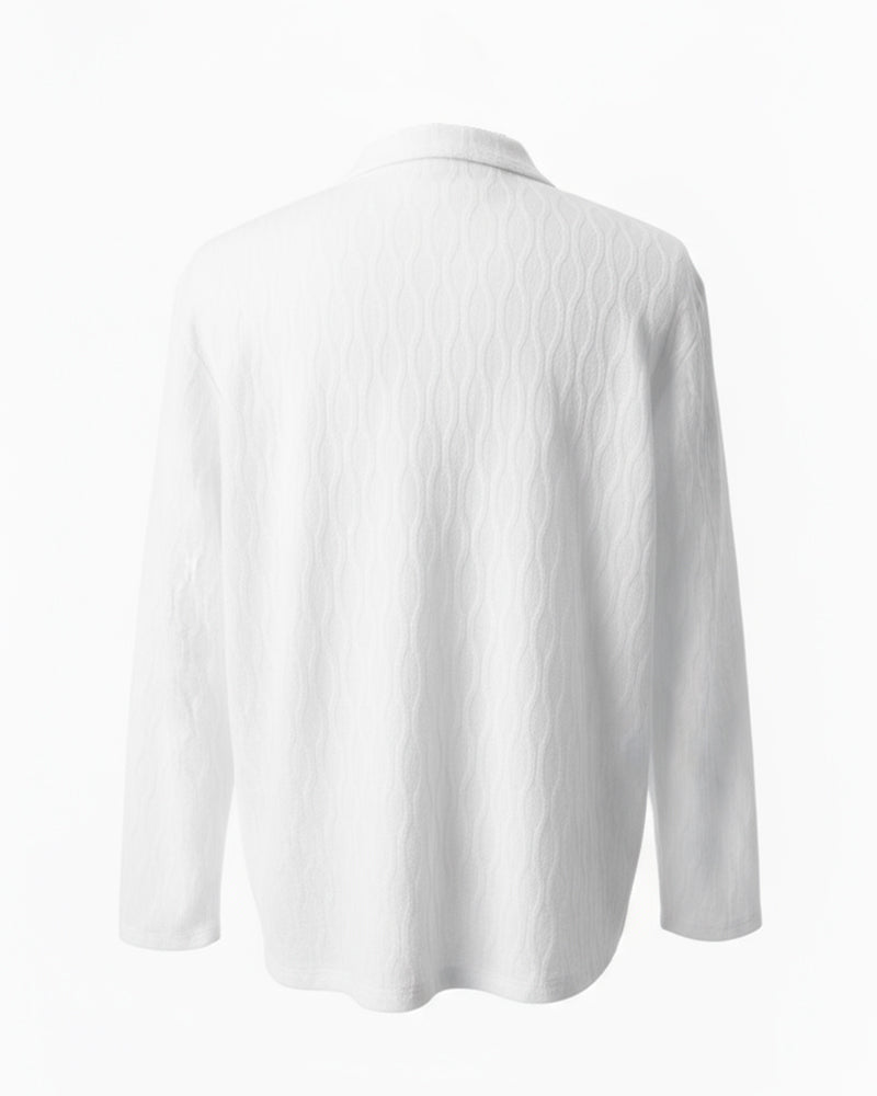 Big & Tall Men's White-Autumn And Winter Jacquard Texture Knitted Fabric Metal Zipper Long Sleeve POLO Shirt