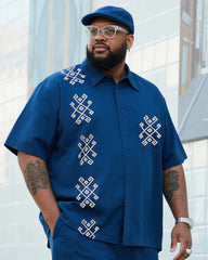 Big Boy Essential 2025 Fashion High Sense Prussian Blue Print Figure Short Sleeve Shirt Trousers Suit