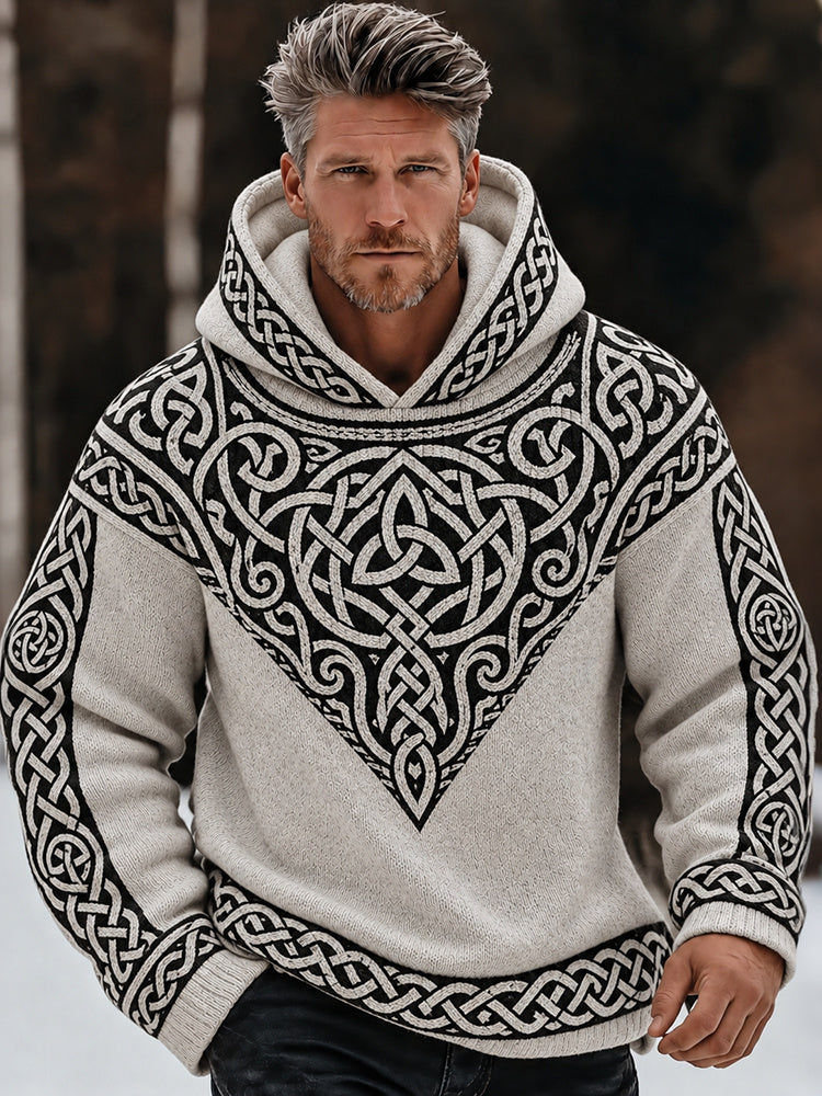 Men's Retro Viking Tribal Celtic Printed  Knit Hooded Sweater