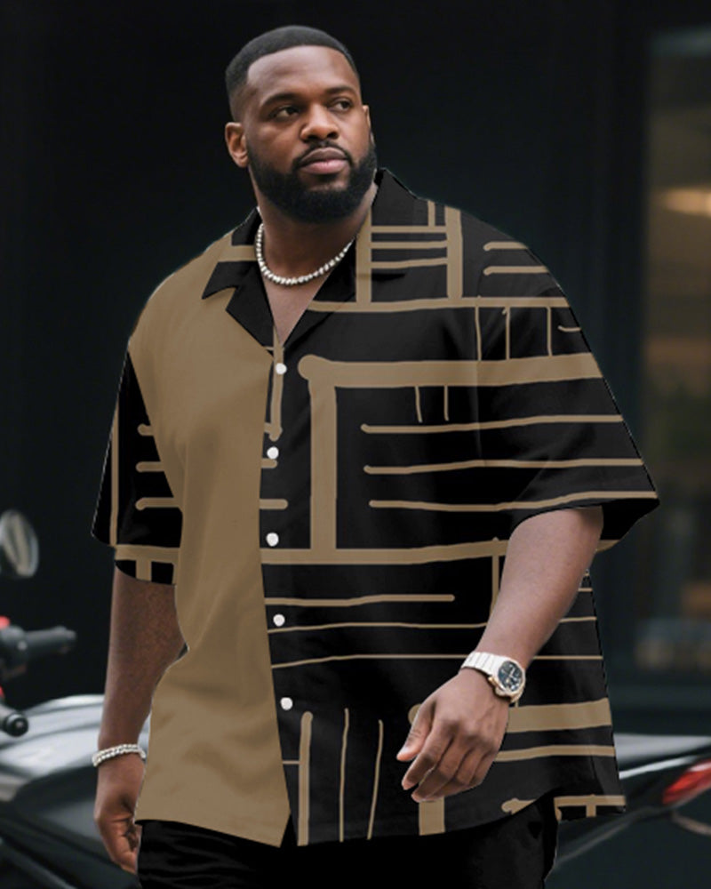 Men's Plus Size Business Khaki Black Geometric Color Block Print Short Sleeve Shirt Trousers Suit