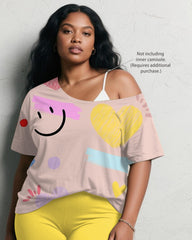Women's Plus Size Pink Smiley Graffiti Print Short Sleeve Shorts Suit