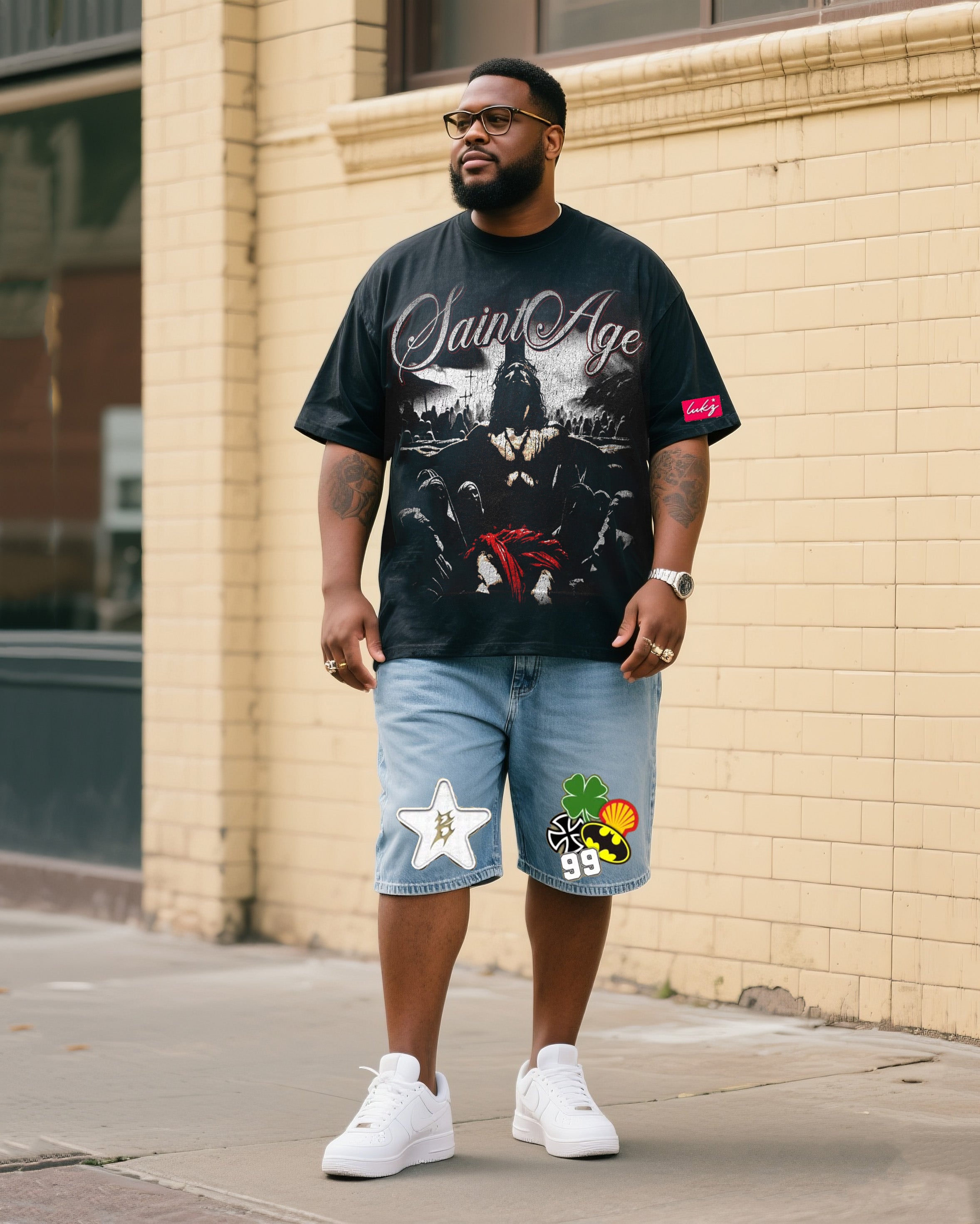 Big & Tall Men's Fashion Street Personality Faith Jesus T-shirt Small Label Shorts Denim Suit