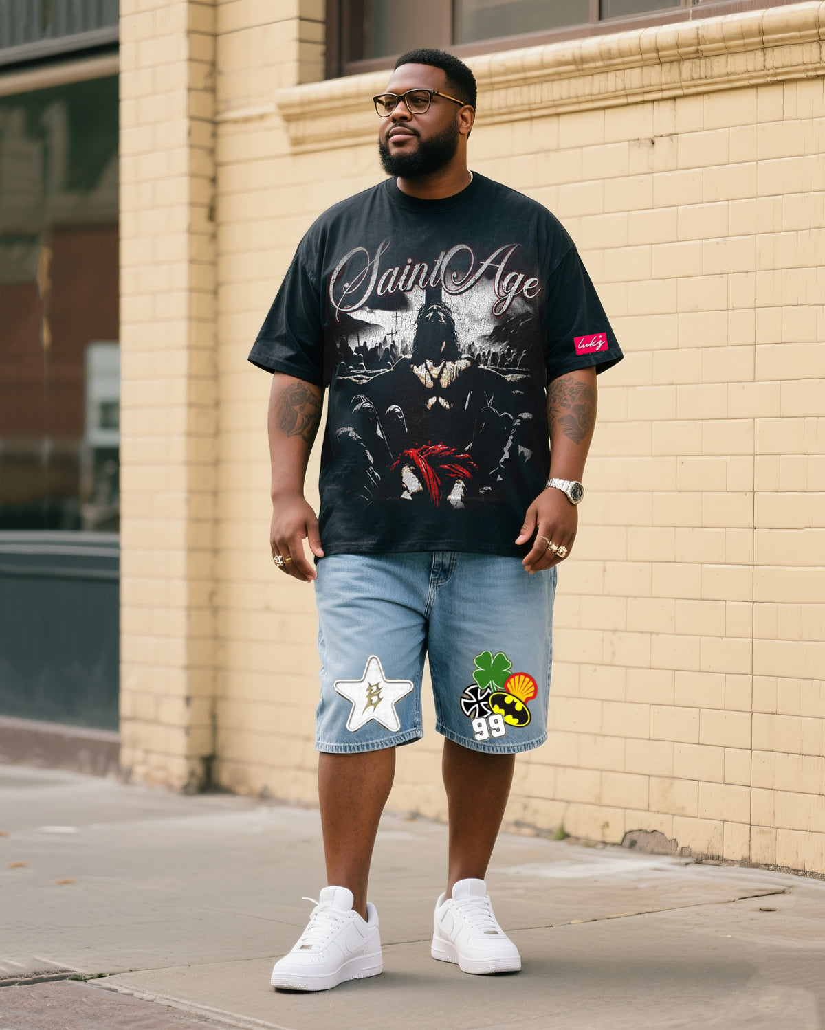 Big & Tall Men's Fashion Street Personality Faith Jesus T-shirt Small Label Shorts Denim Suit