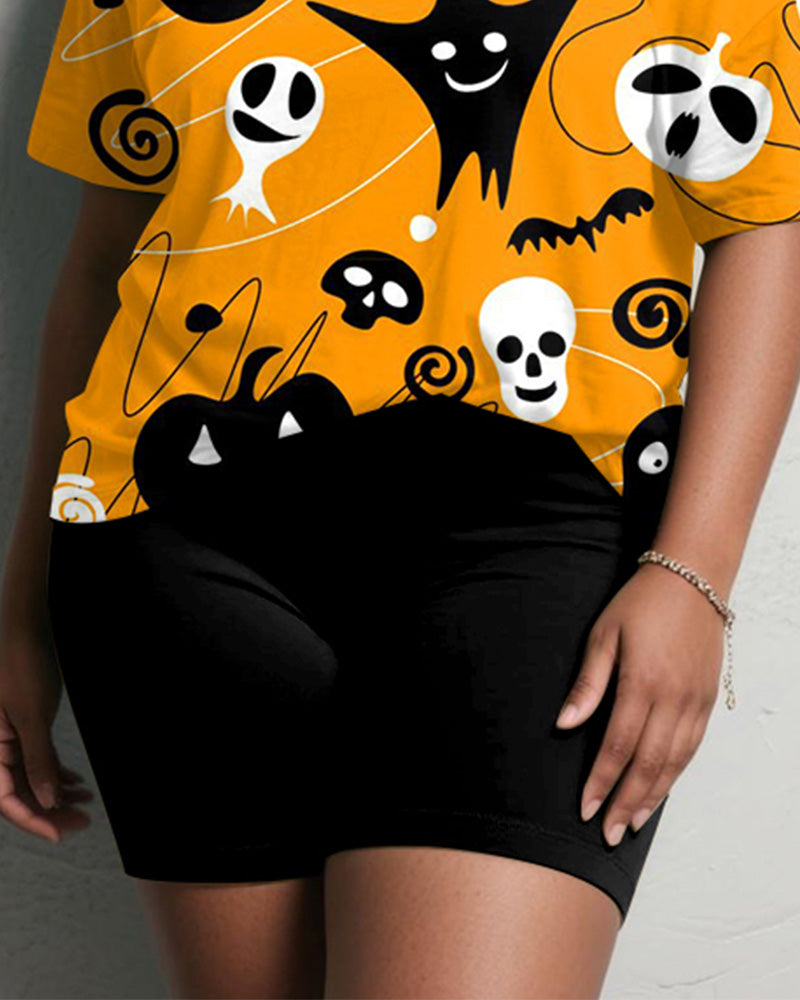 Women's Big & Tall Halloween Pumpkin Ghost Graffiti Print Short Sleeve Shorts Suit