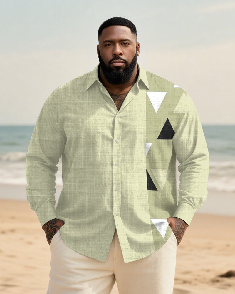 Big & Tall Men's Daily Green Colorblock Geometric Print Long Sleeve Bamboo Hemp Texture Shirt