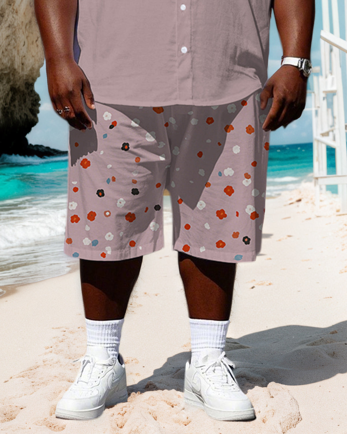 Big and Tall Simple Fashion Men's Splicing Stripe Small Floral Printed Short Sleeve Shirt Shorts Set