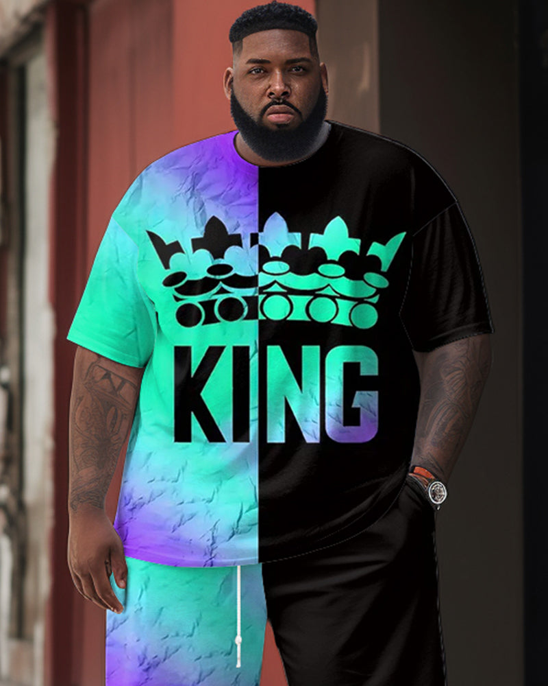 Street Casual Gradient Contrast Stitching King Crown Print Big & Tall Men's Set