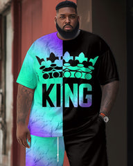 Street Casual Gradient Contrast Stitching King Crown Print Big & Tall Men's Set