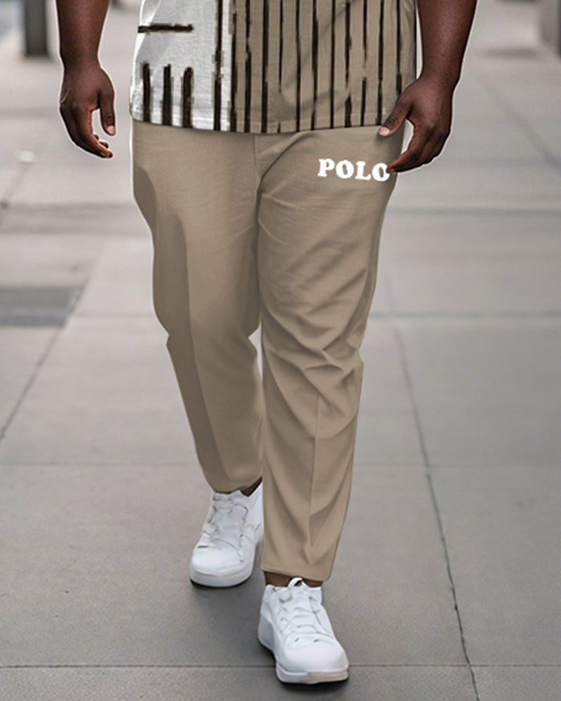 Men's Plus Size Khaki Colorblock Striped Alphabet Print Henry Collar T-Shirt Pants Suit