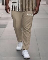 Men's Plus Size Khaki Colorblock Striped Alphabet Print Henry Collar T-Shirt Pants Suit