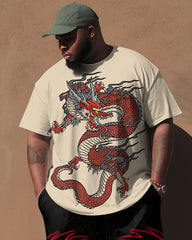 Men's Plus Size Apricot Dragon Totem Print T-Shirt Trousers Suit