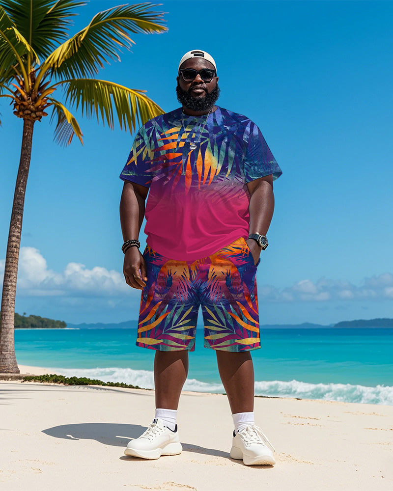Big & Tall Men's Hawaiian Purple Gradient Leaf Print Round Neck Short Sleeve T-Shirt Shorts Suit