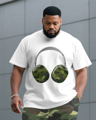 Men's Plus Size White & Green Camouflage Headphones Fashion Round Neck Short Sleeve T-shirt Shorts Suit