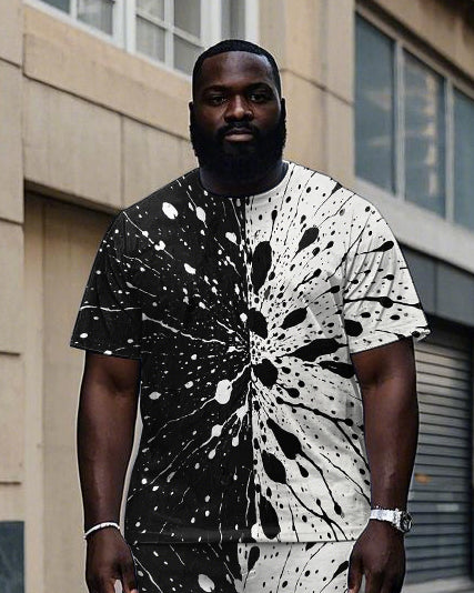 Big Guy's Splicing Black & White Ink Spash Printed Short Sleeve T-shirt Pants Set
