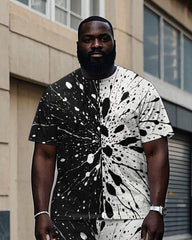 Big Guy's Splicing Black & White Ink Spash Printed Short Sleeve T-shirt Pants Set