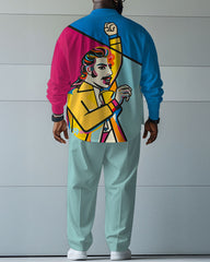 Men's Plus Size Blue Color Matching Abstract Graffiti Print Long Sleeve Shirt Trousers Suit