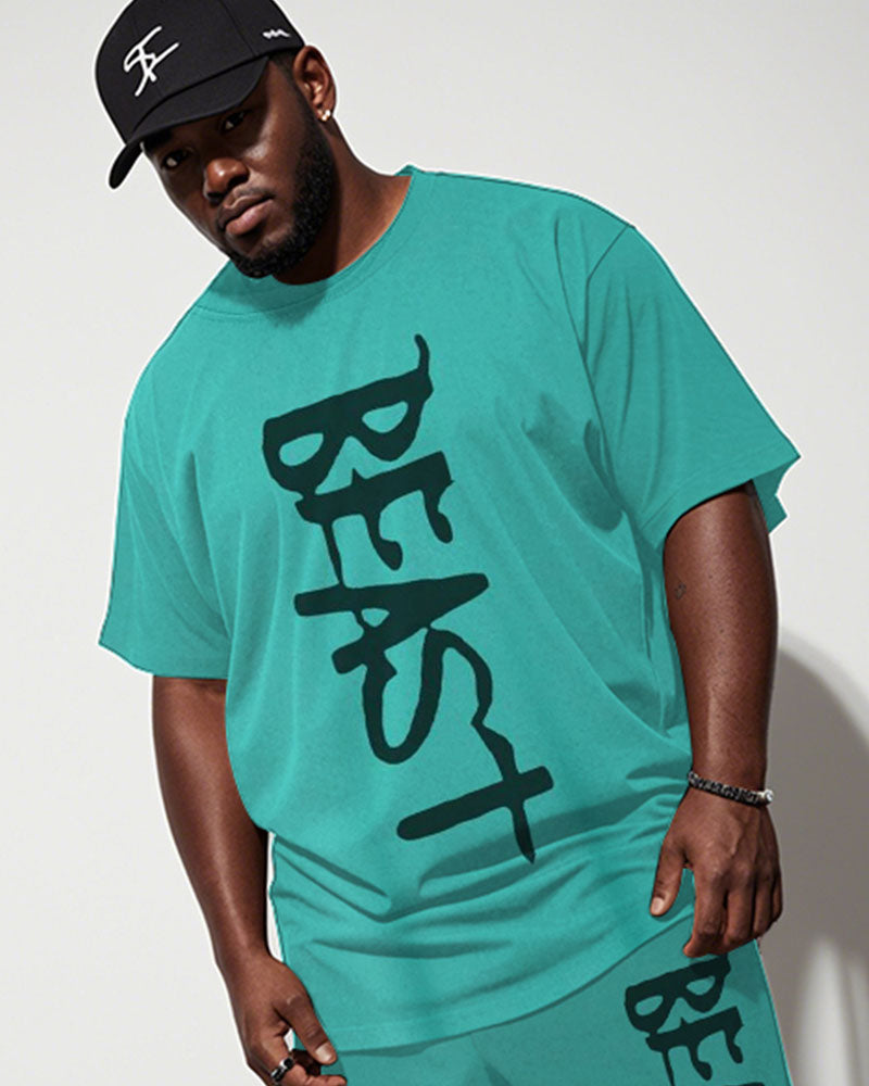 Men's Plus Size Street Hip Hop Green Beast Alphabet Print Short Sleeve T-Shirt Shorts Suit
