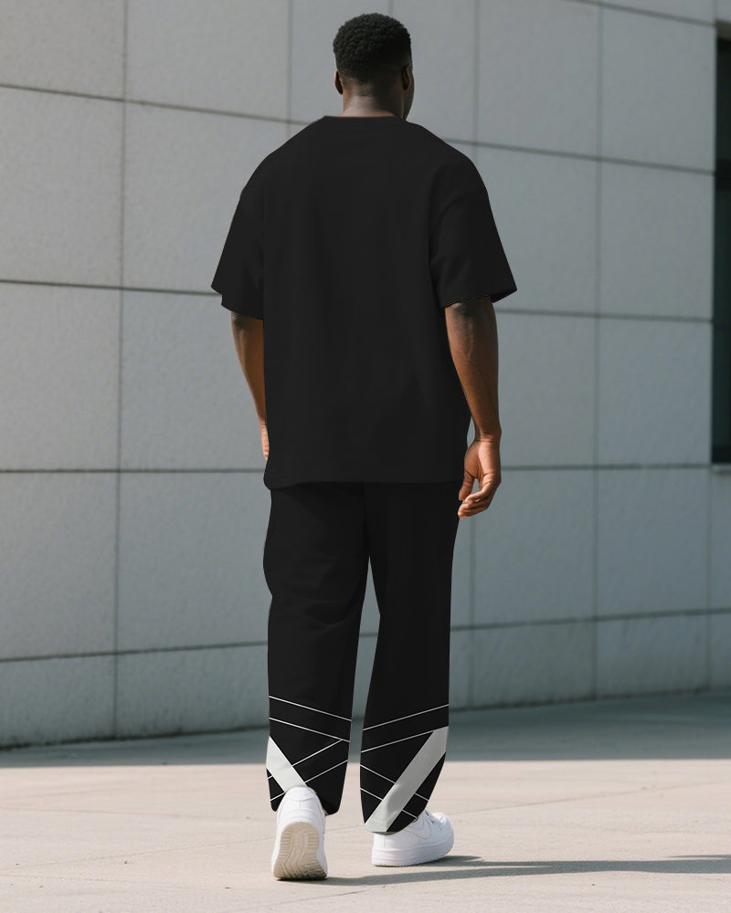 Men's Plus Size Black Color-block Geometric Stripe Alphabet Print T-shirt Trousers Suit