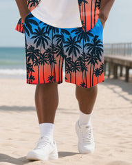 Big Men's Hawaii Theme Gradient Coconut Trees Printed Short Sleeve Shirt Shorts 2-Piece Suits