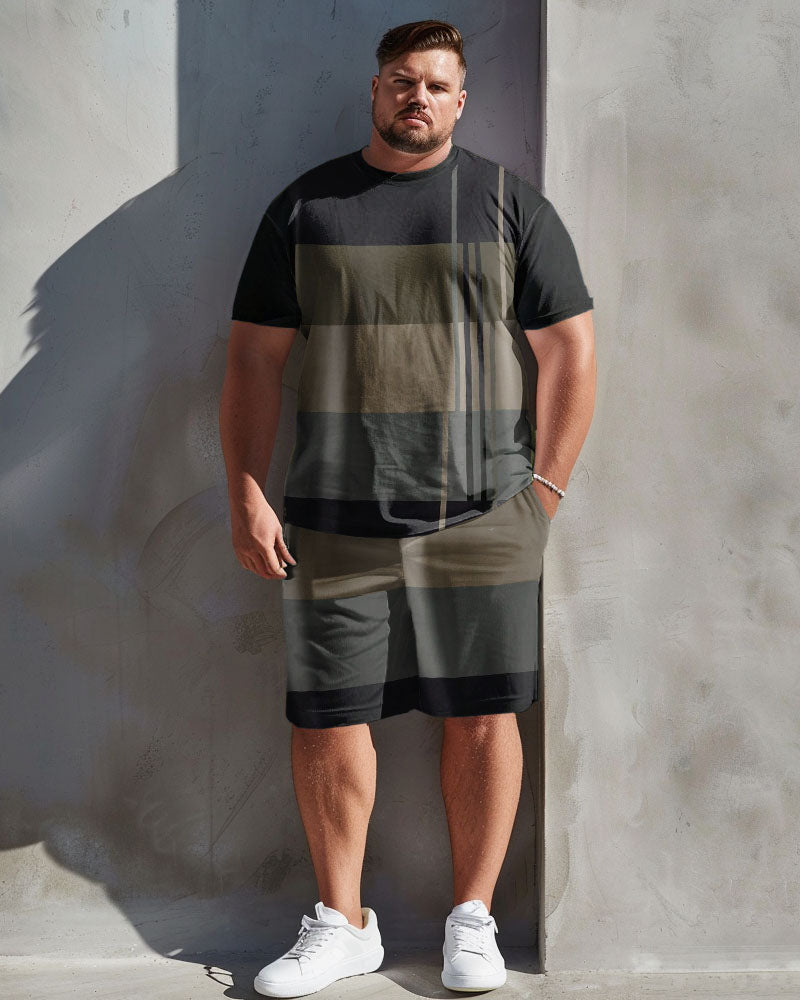 Men's Plus Size Earth Tone Stripe Print T-Shirt Shorts Suit