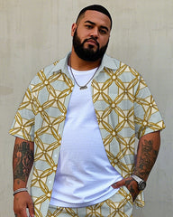 Big Men's Vintage Golden Geometric Regular Printed Pocket Casual Short Sleeve Shirt and Shorts Set