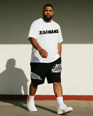 Big & Tall Men's Black And White Graffiti Checkerboard BIGGMANS Letter Printed Round Neck Short Sleeve T-Shirt Shorts Suit