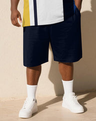 Big & Tall Men's Business Yellow Blue Stripe Print Short Sleeve Polo Shirt Shorts Suit