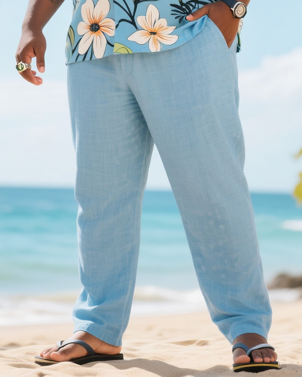 Big & Tall Men's Holiday Style Summer Color Matching Luxury Floral Printed Short Sleeve Shirt Trousers Cotton Linen Suit