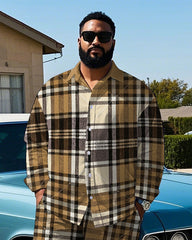 Men's Big & Tall Casual Retro Brown Plaid All Over Printed Long Sleeve Shirt Pants Set