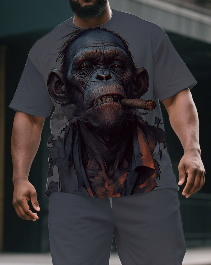 Big & Tall Men's Street Fashion Smoking Gorillas Print Short Sleeve T-shirt and Short Set