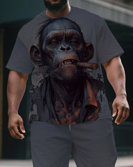 Big & Tall Men's Street Fashion Smoking Gorillas Print Short Sleeve T-shirt and Short Set