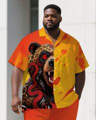 Men's Big Size Cartoon Savage Bear Splicing Style Fashion Short Sleeve Shirt Pants Set