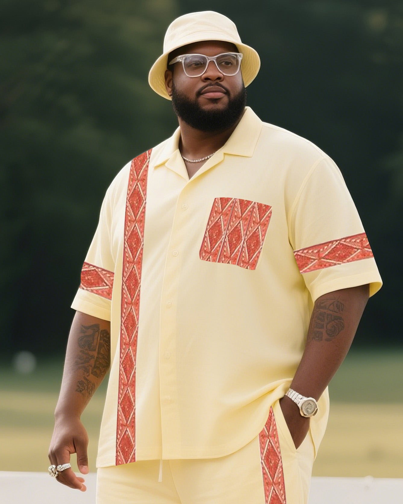 Big Boy Must Have 2025 Fashion High Sense Natural Yellow Creative Lines Short Sleeve Shirt Trousers Suit