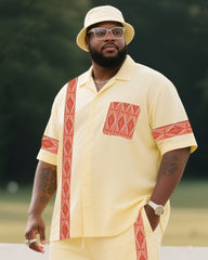 Big Boy Must Have 2025 Fashion High Sense Natural Yellow Creative Lines Short Sleeve Shirt Trousers Suit