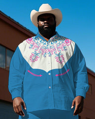 Big Men's Western Style Cowboy Fashion Embroidery Printed Long Sleeve Shirt Pants Set