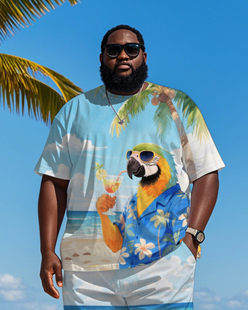 Men's Plus Size Hawaiian Blue Parrot Drinking Cocktail Print Short Sleeve T-Shirt Shorts Suit