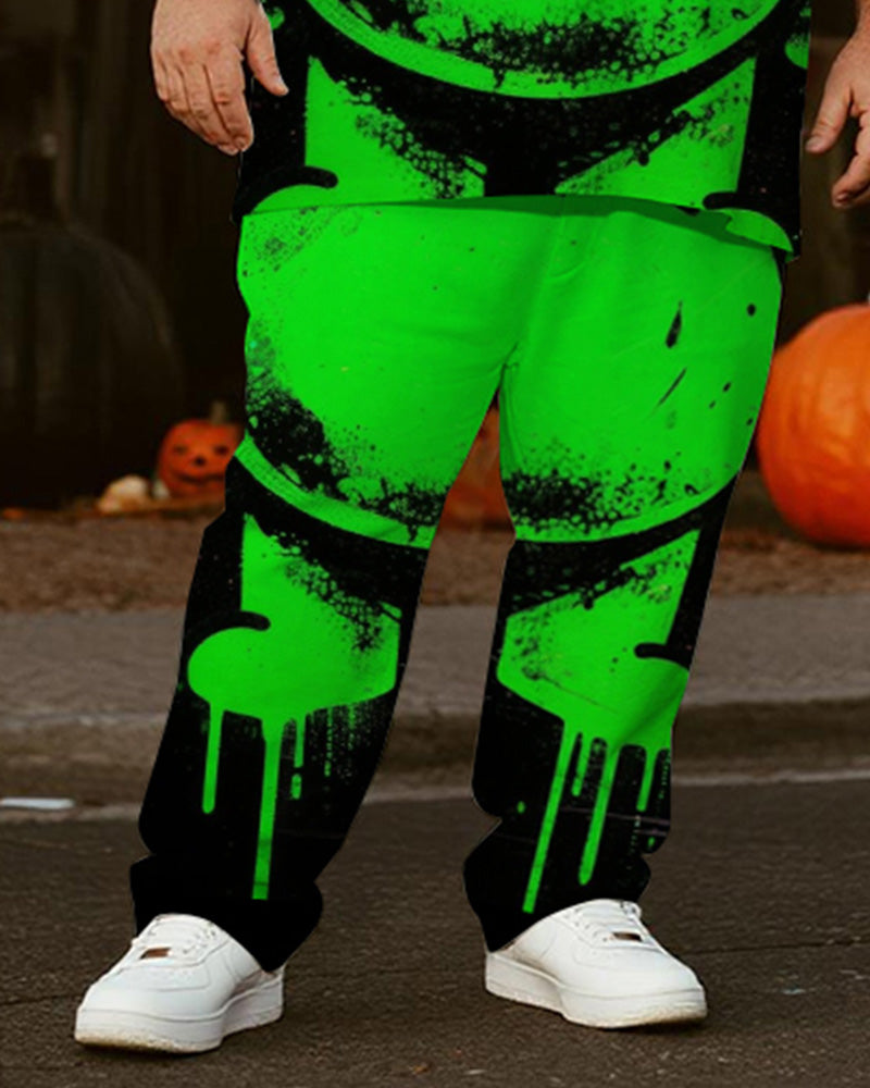 Big & Tall Men's Halloween Green Graffiti Monster Cosplay Printed T-Shirt Trousers Suit