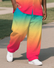 Big Men's Vibrant Sunshine Gradient Style Button-up Short-Sleeve Shirt Pants Sets