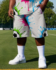 Big Men's Fashion Colorful Ink Splash Football Printed Round Neck Casual Vest and Shorts Set