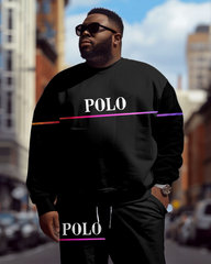 Big Men's Casual Simple Black POLO Letter Print Sweatshirt Two-Piece Set