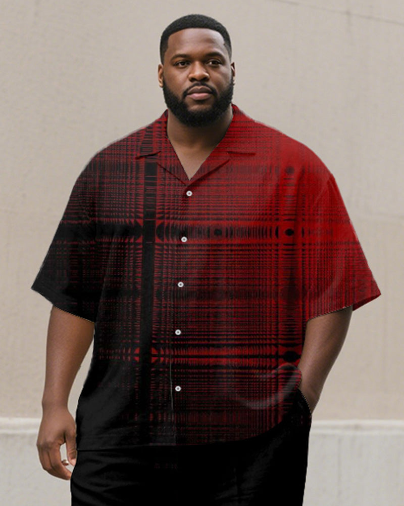Men's Plus Size Black And Red Check Line Print Short Sleeve Shirt Trousers Suit