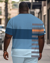Men's Plus Size Daily Casual Blue Striped Colorblock Print Henry Collar Button Short Sleeve T-Shirt