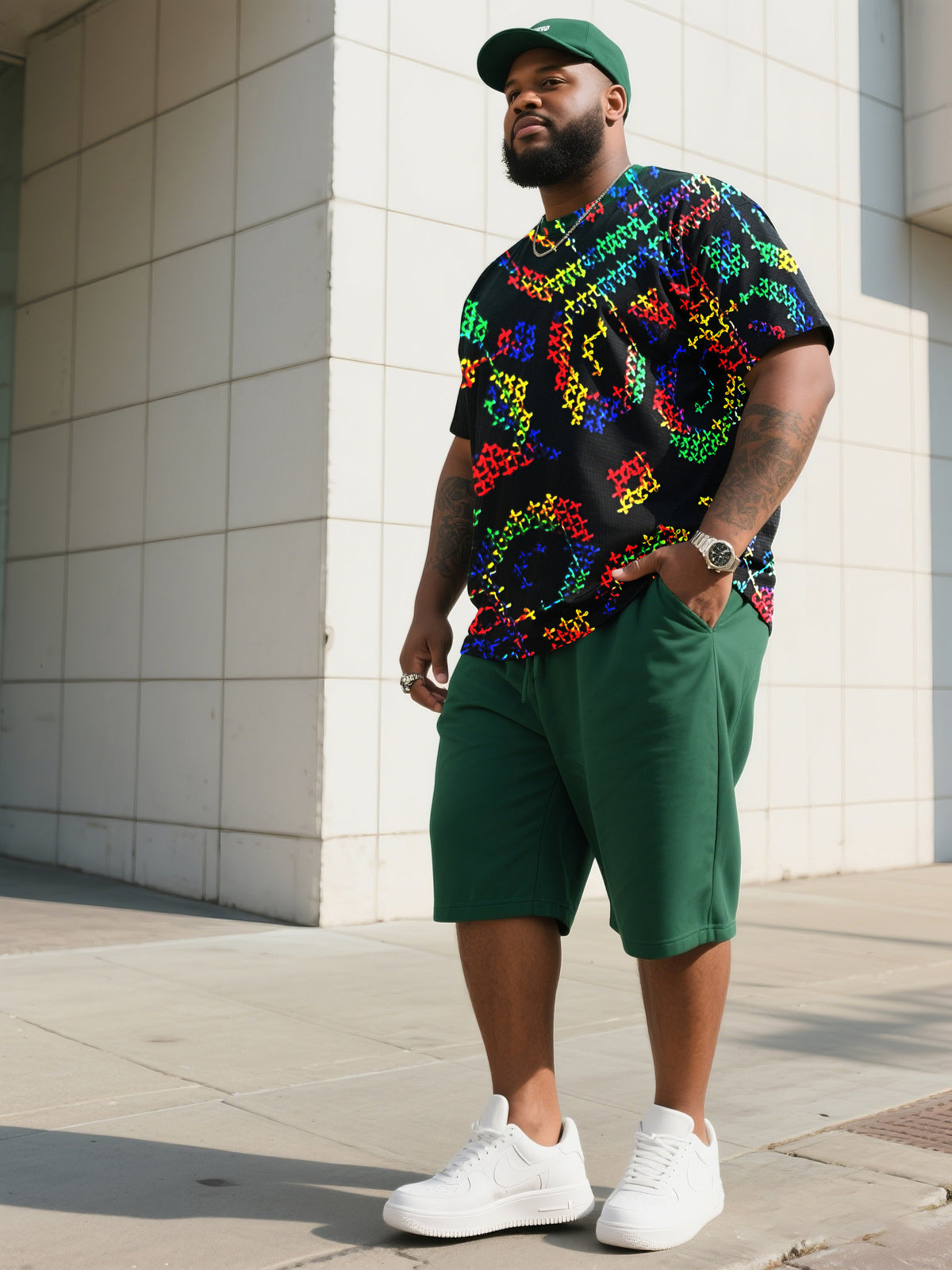 Men's Plus Size Mars Green Fashion Print T-Shirt Shorts Suit