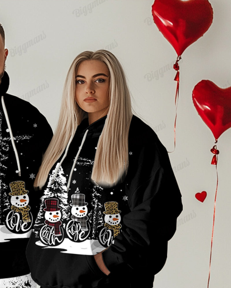 Couple Fashion Casual Big and Tall Snowman Partner Pattern Printed Hoodie Set