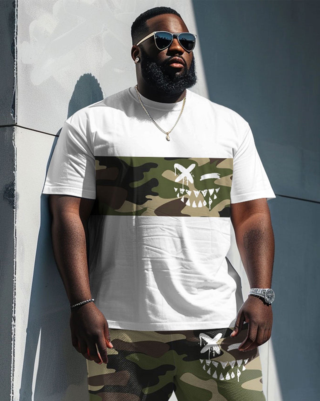 Men's Plus Size Camouflage Face Print T-Shirt Shorts Suit