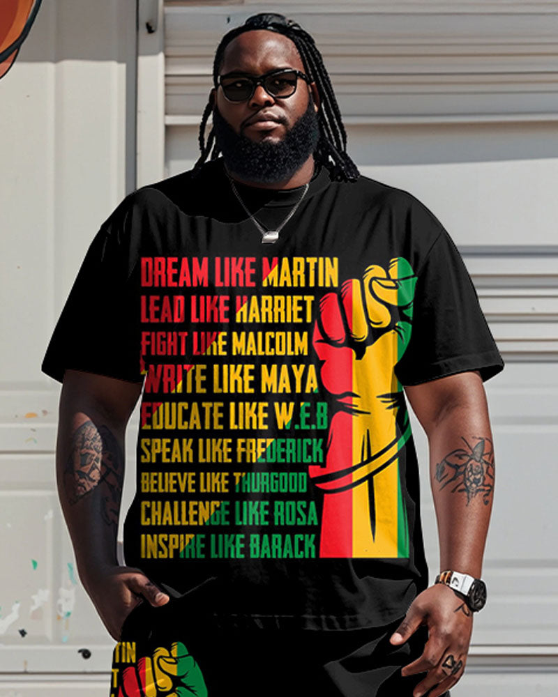 Men's Plus Size Black History Month Alphabet Print T-Shirt Shorts Suit