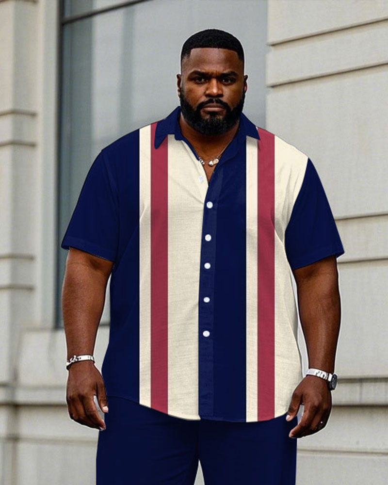 Men's Plus Size Business Sapphire Blue & Red Classic Color Stitching Short Sleeve Shirt Trousers Suit
